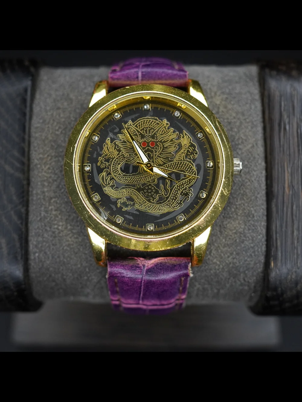 Oruss 1853 Dragon Men's Quartz Watch Gold Tone Black Dial Purple Leather Band